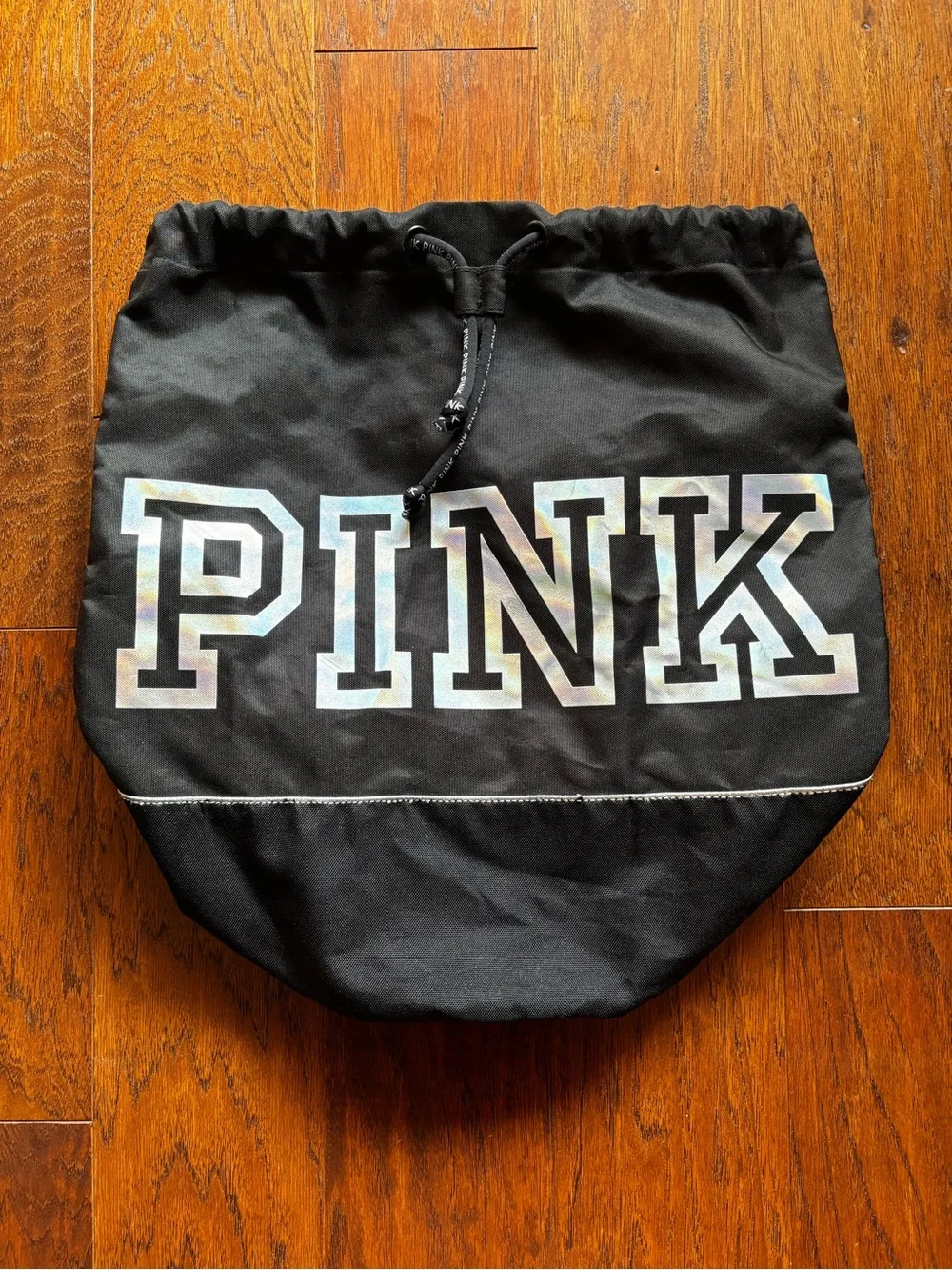 PINK Victoria’s Secret Black Holographic Logo Drawstring Backpack